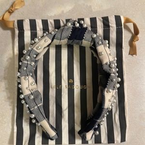 Lele Sadoughi Ivory and Navy Buffalo Plaid Pearl Headband.